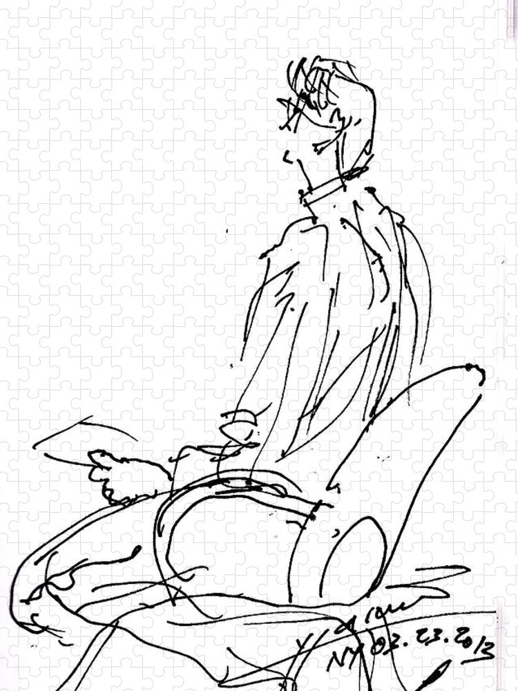 Man Sitting Jigsaw Puzzle featuring the drawing Man Sitting  by Ylli Haruni