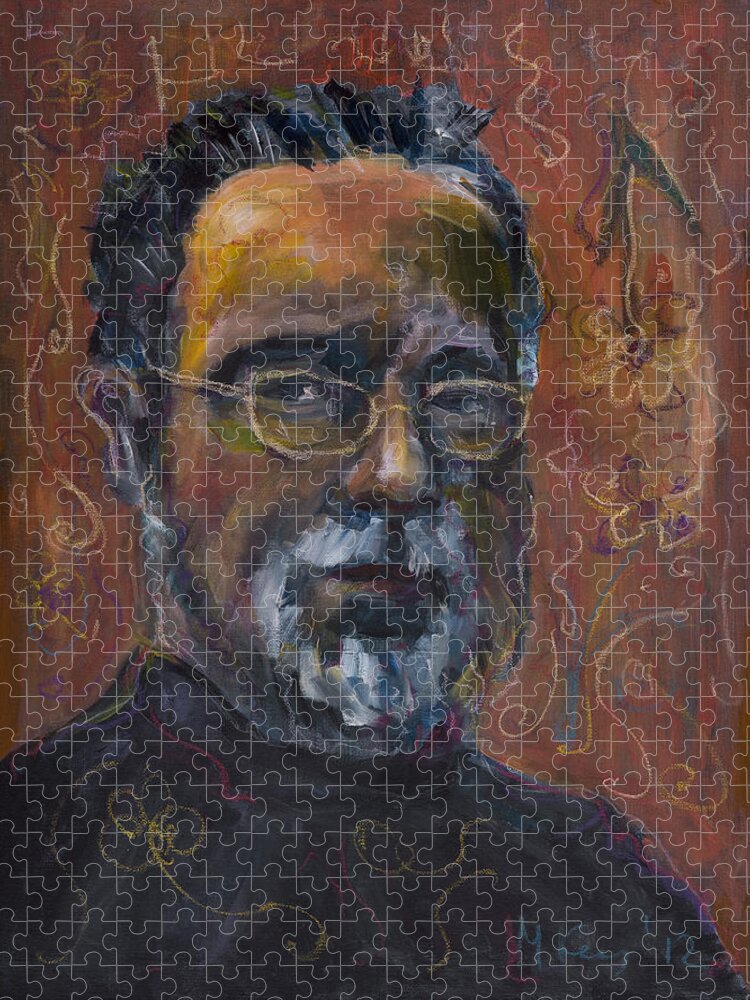 Portrait Jigsaw Puzzle featuring the painting Man with flowers-self-portrait by Maxim Komissarchik