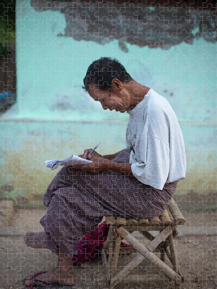 People Jigsaw Puzzle featuring the photograph Man Writing In Notepad, Bagan, Myanmar by Cultura Rm Exclusive/yellowdog