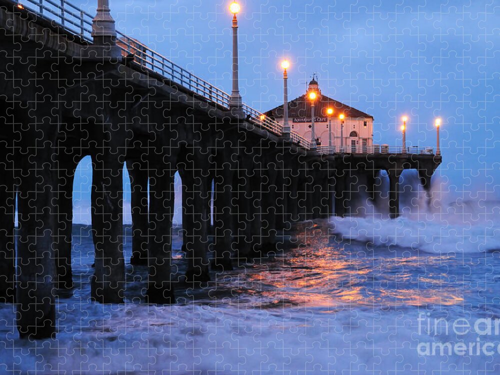 Manhattan Beach Pier Jigsaw Puzzle featuring the photograph Manhattan Beach Pier Crashing Surf by Vivian Christopher