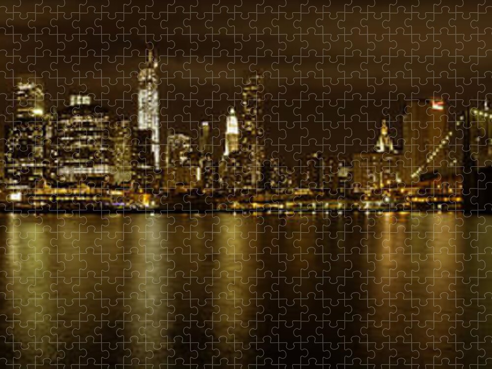 Brooklyn Jigsaw Puzzle featuring the photograph Manhattan from Brooklyn with the Brooklyn Bridge and full moon by Angela Stanton
