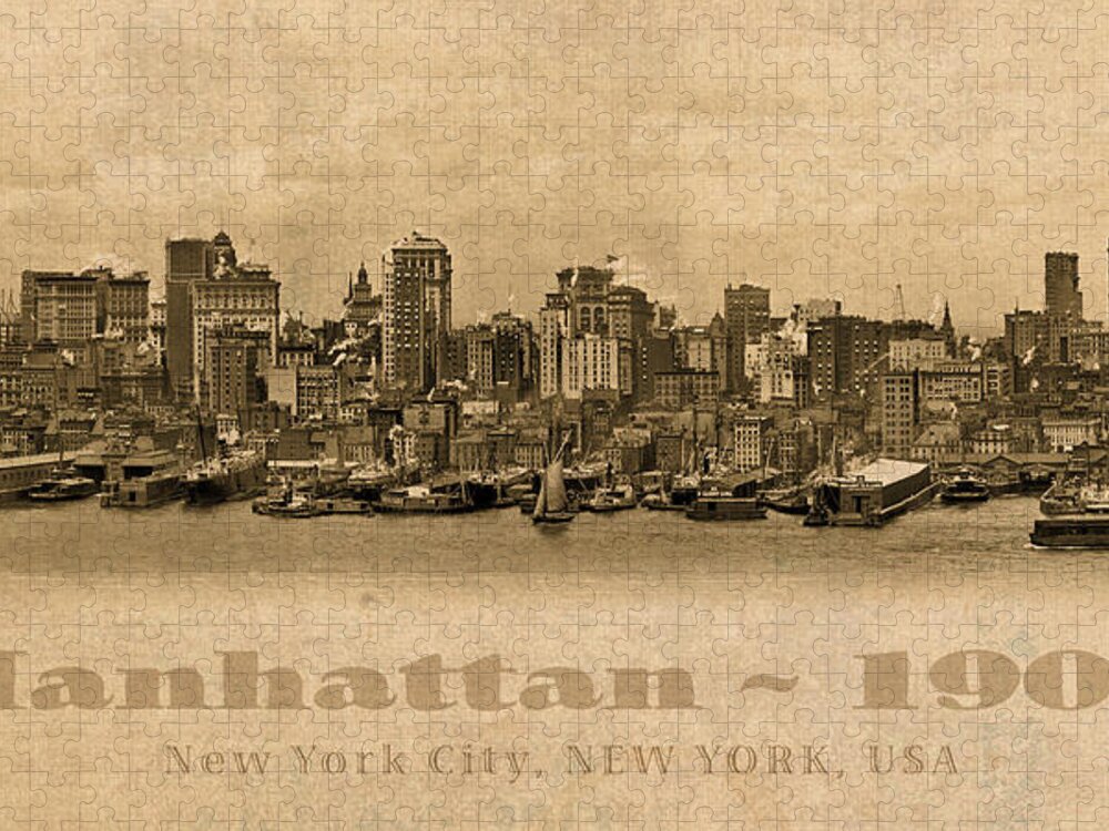 Manhattan Jigsaw Puzzle featuring the mixed media Manhattan Island New York City USA Postcard 1908 Waterfront and Skyscrapers by Design Turnpike