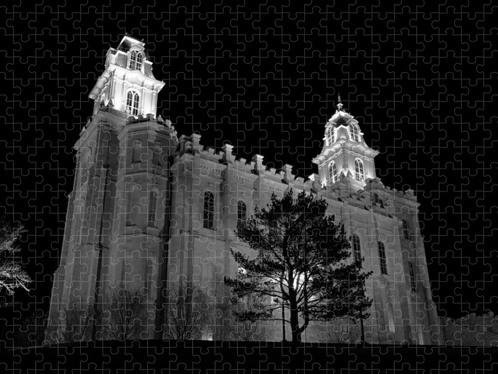 Black And White Jigsaw Puzzle featuring the photograph Manti Temple Black and White by David Andersen