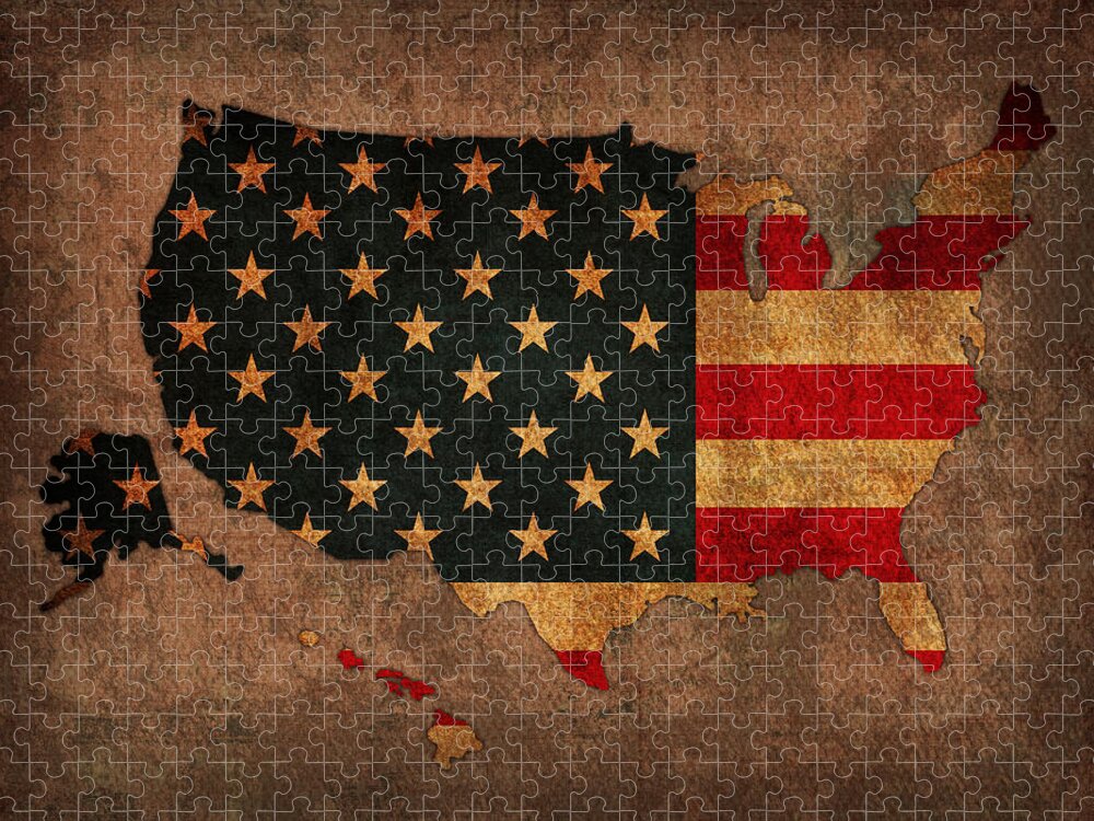Map Of America United States Usa With Flag Art On Distressed Worn Canvas Jigsaw Puzzle featuring the mixed media Map of America United States USA With Flag Art on Distressed Worn Canvas by Design Turnpike