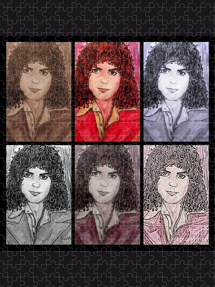 Marc Bolan Jigsaw Puzzle featuring the mixed media Marc Bolan Glam Rocker Collage by Joan-Violet Stretch