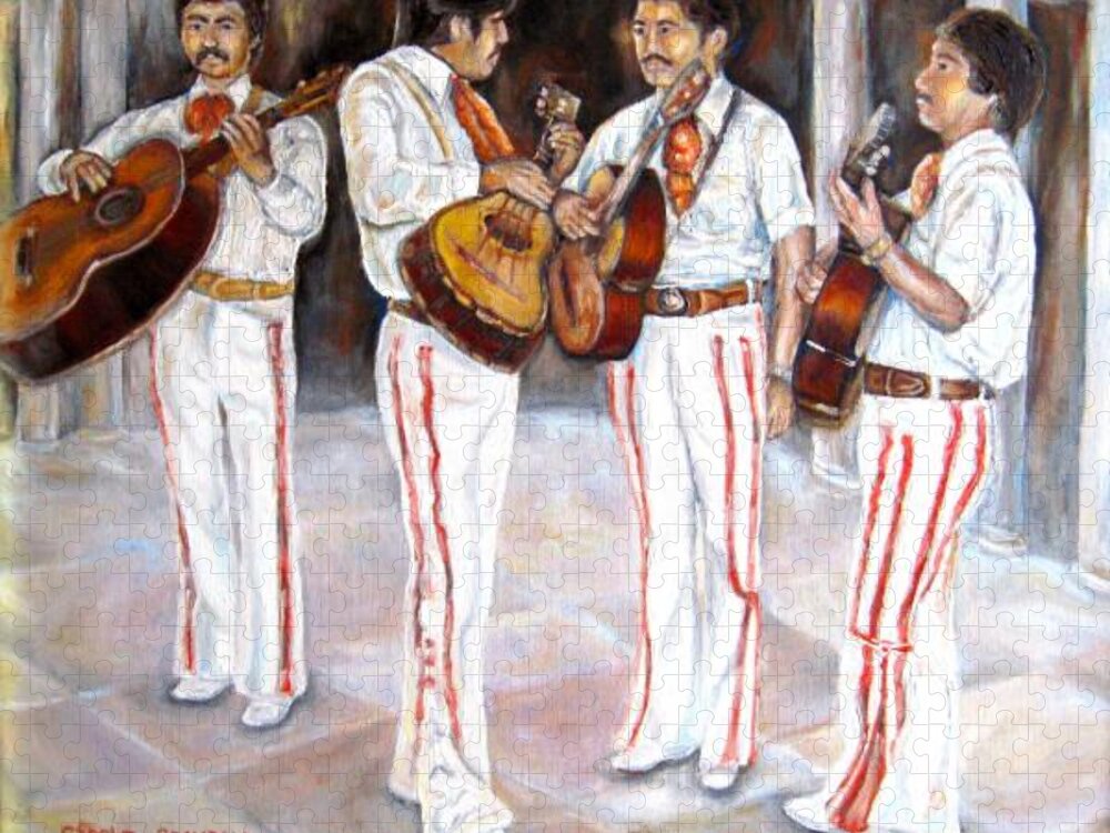 Mariachis Jigsaw Puzzle featuring the painting Mariachi Musicians by Carole Spandau