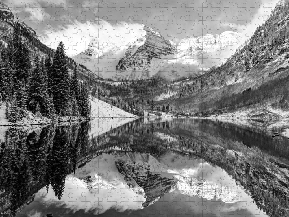 America Jigsaw Puzzle featuring the photograph Maroon Bells BW Covered In Snow - Aspen Colorado by Gregory Ballos