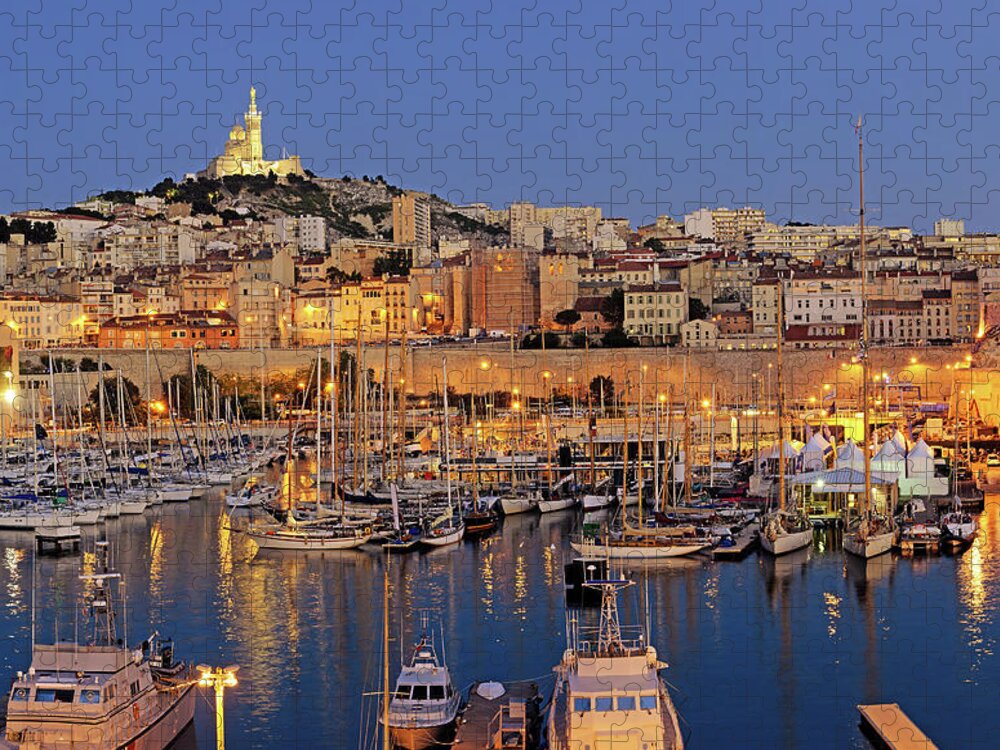 Tranquility Jigsaw Puzzle featuring the photograph Marseille Harbor Night by Itravelstockphoto