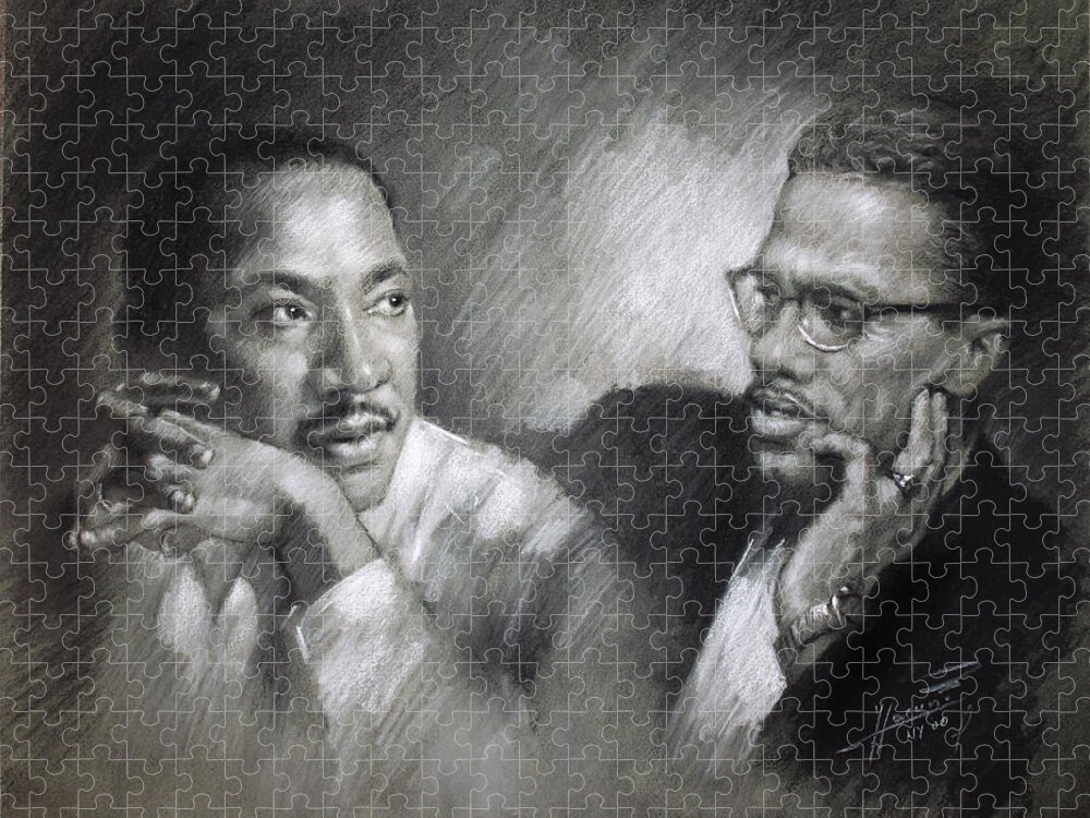 Malcolm X Jigsaw Puzzle featuring the drawing Martin Luther King Jr and Malcolm X by Ylli Haruni