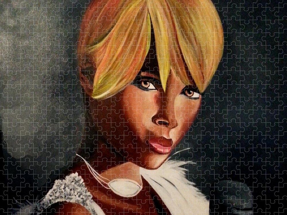 Celebrity Portrait Mary J In White And Shades Of Gray Jigsaw Puzzle featuring the painting Mary J by Femme Blaicasso