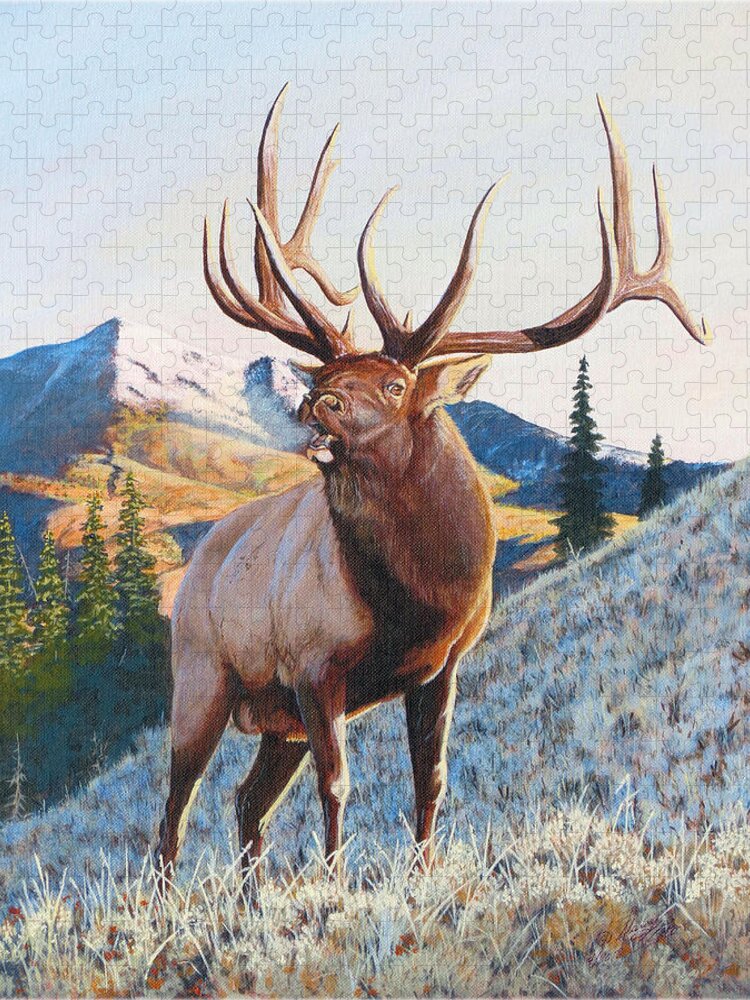 Bugling Bull Elk Jigsaw Puzzle featuring the painting Mary's River Morning by Darcy Tate