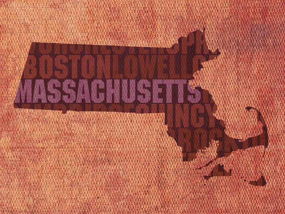 Massachusetts Word Art State Map On Canvas Jigsaw Puzzle featuring the mixed media Massachusetts Word Art State Map on Canvas by Design Turnpike