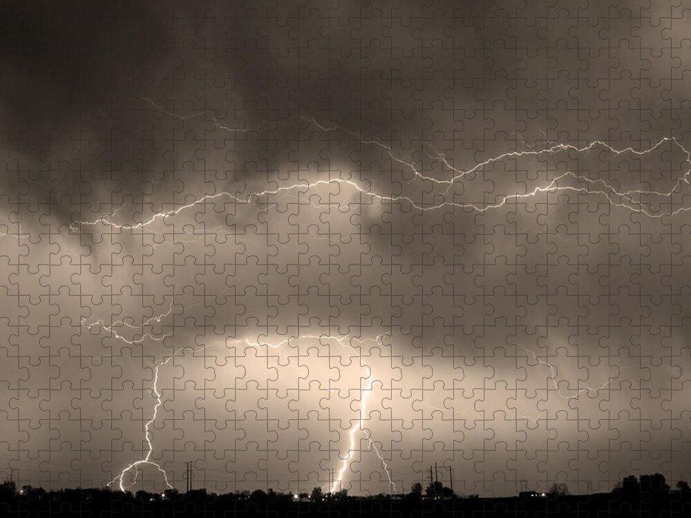  lightning Bolt Pictures Jigsaw Puzzle featuring the photograph May Showers - Lightning Thunderstorm Sepia 5-10-2011 by James BO Insogna