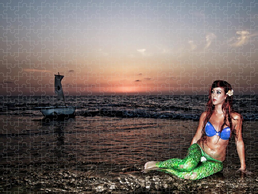 Water's Edge Jigsaw Puzzle featuring the photograph Mermaid On The Beach At Night by Photostock-israel