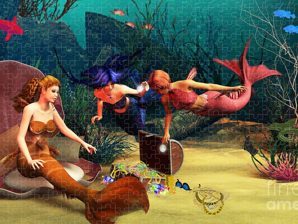 Mermaid Treasures Jigsaw Puzzle featuring the painting Mermaid Treasures by Two Hivelys