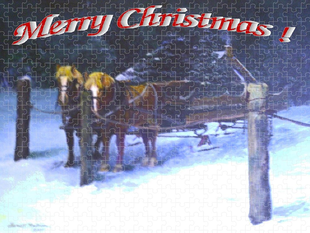 Greeting Card Jigsaw Puzzle featuring the painting Merry Christmas Sleigh by Harriett Masterson