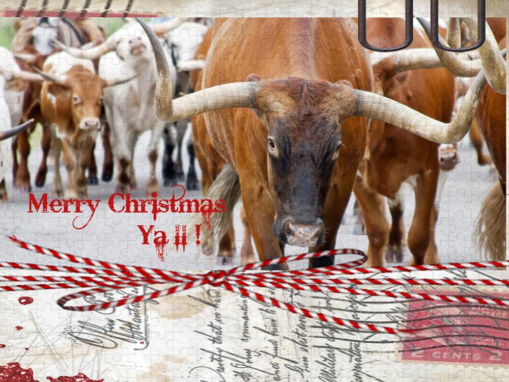 Merry Christmas Jigsaw Puzzle featuring the photograph Longhorns Merry Christmas Ya'll by Toni Hopper