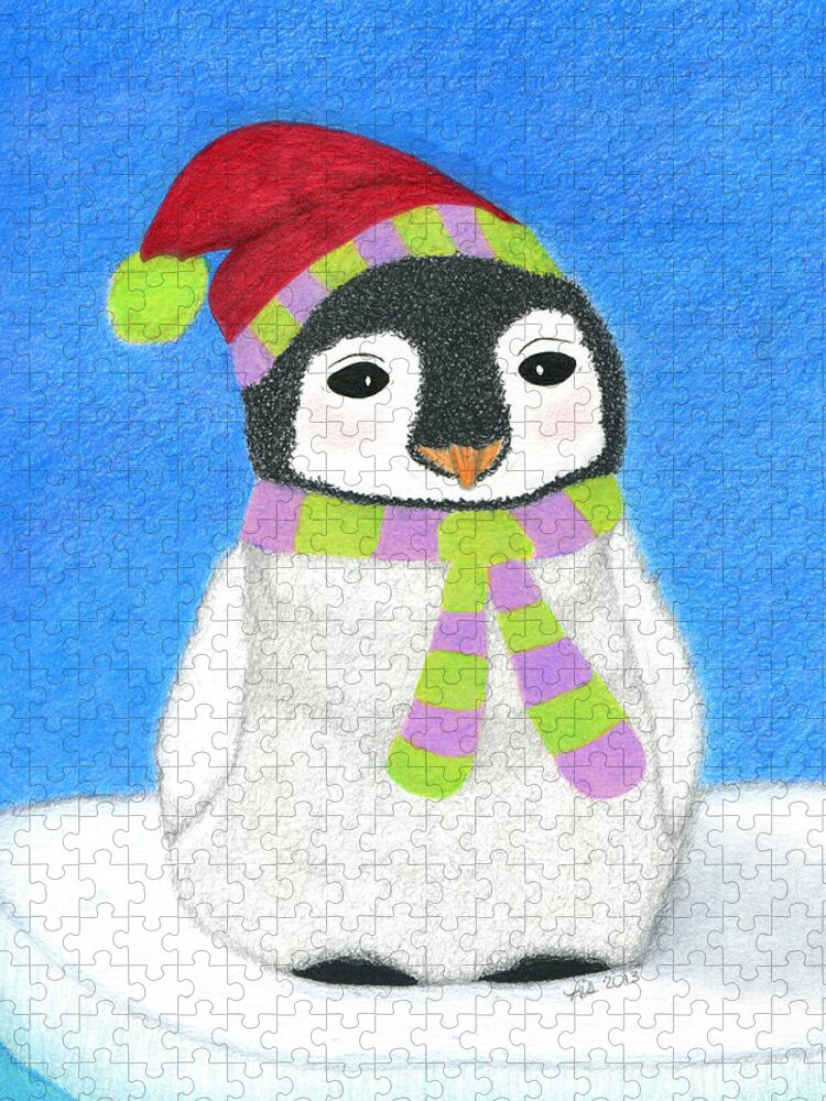 Christmas Jigsaw Puzzle featuring the drawing Merry O' Penguin by Lisa Blake
