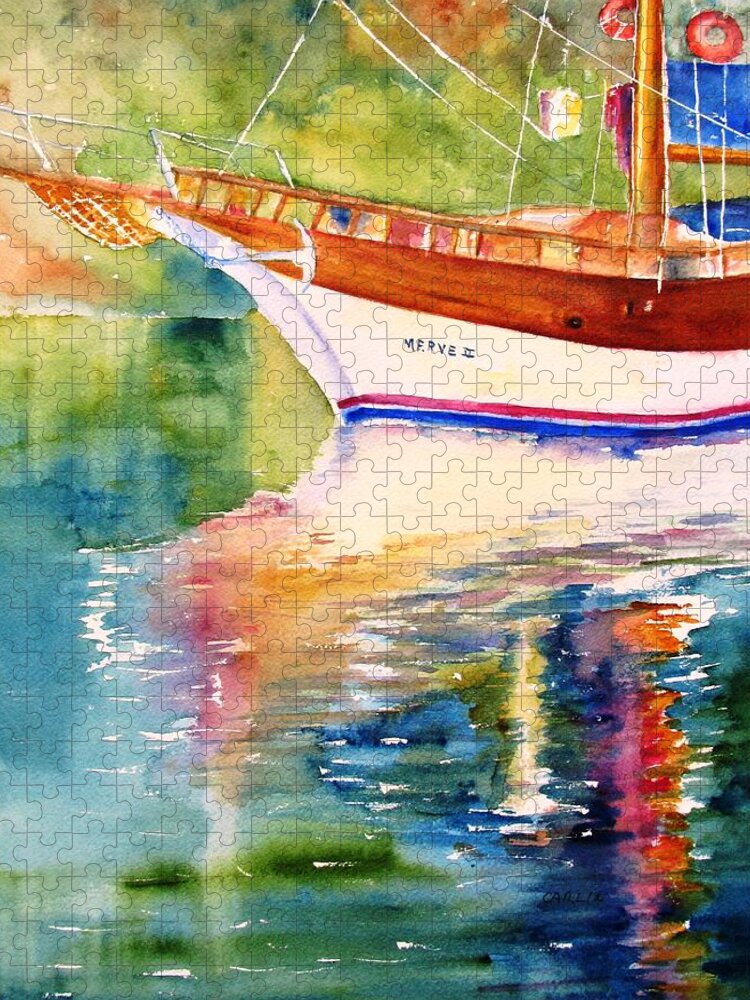 Sailboat Jigsaw Puzzle featuring the painting Merve II gulet yacht Reflections by Carlin Blahnik CarlinArtWatercolor