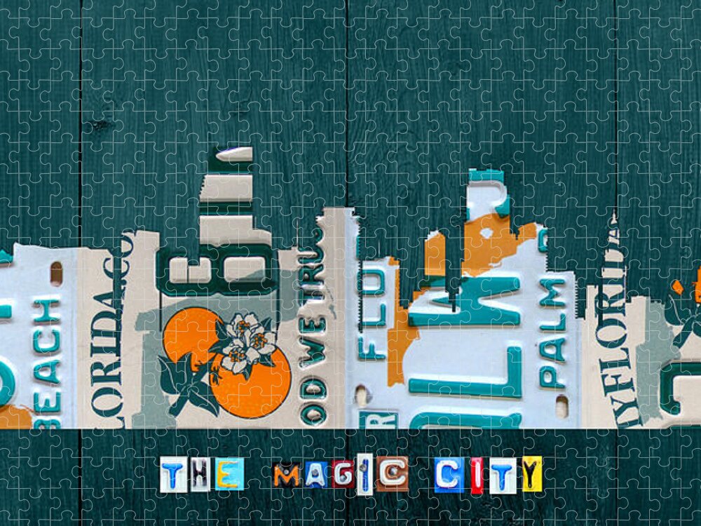 Miami Jigsaw Puzzle featuring the mixed media Miami Florida City Skyline Vintage License Plate Art on Wood by Design Turnpike