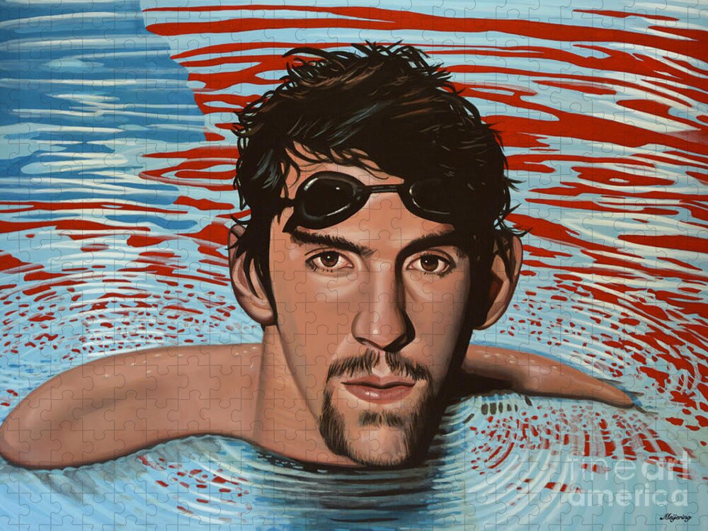 Michael Phelps Jigsaw Puzzle featuring the painting Michael Phelps by Paul Meijering