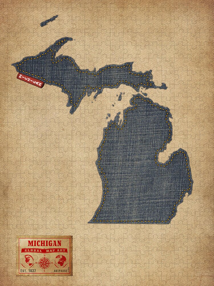 United States Map Jigsaw Puzzle featuring the digital art Michigan Map Denim Jeans Style by Michael Tompsett