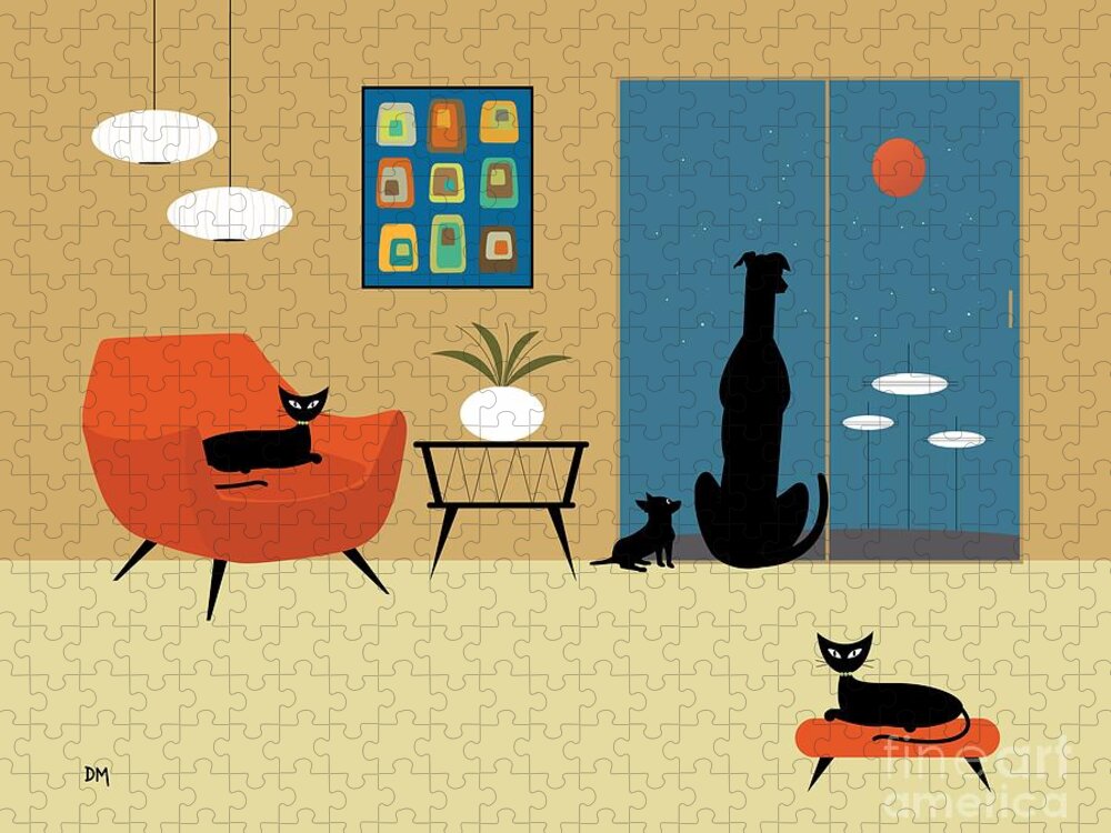 Alien Jigsaw Puzzle featuring the digital art Mid Century Dogs and Cats by Donna Mibus
