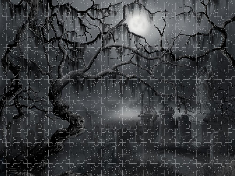 Landscape Jigsaw Puzzle featuring the painting Midnight in the Graveyard by James Hill
