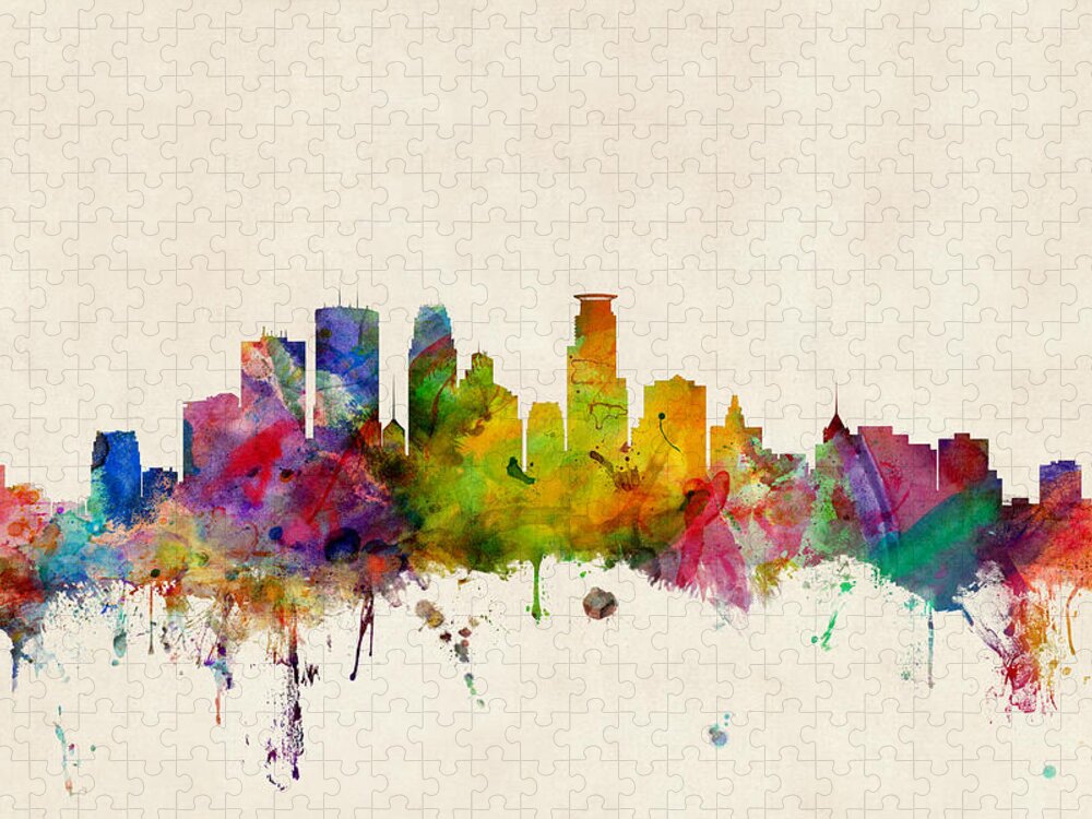 Watercolour Jigsaw Puzzle featuring the digital art Minneapolis Minnesota Skyline by Michael Tompsett