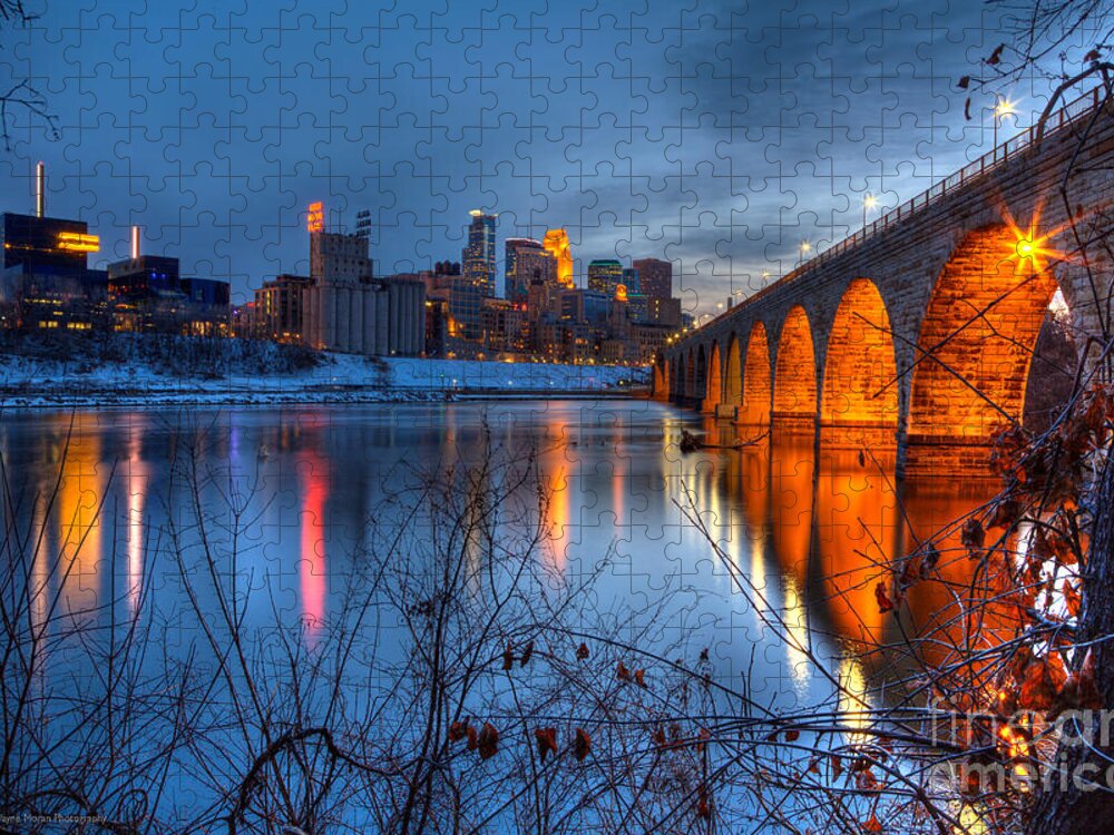 Minneapolis Skyline Jigsaw Puzzle featuring the photograph Minneapolis Skyline Images Stone Arch Bridge Spring Evening by Wayne Moran