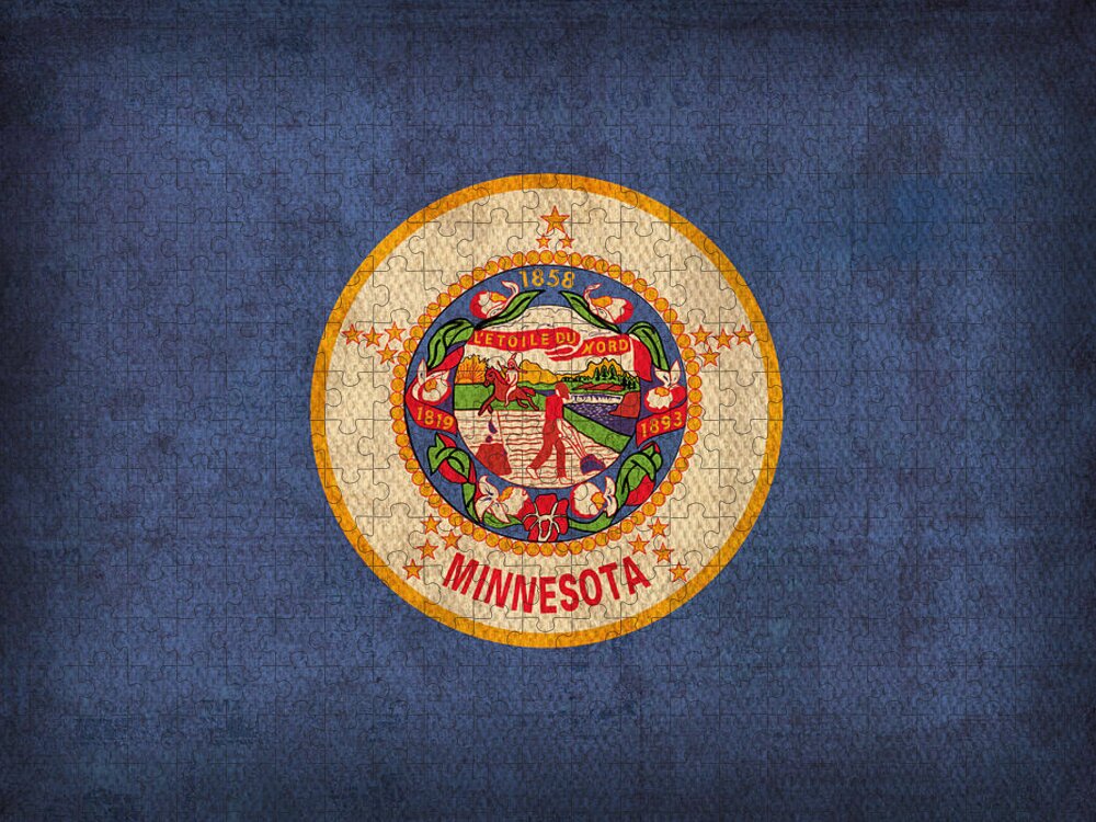 Minnesota Jigsaw Puzzle featuring the mixed media Minnesota State Flag Art on Worn Canvas by Design Turnpike