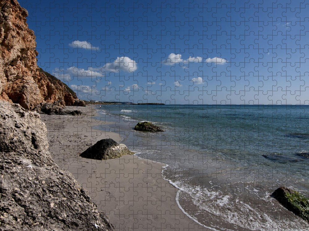 Peace Jigsaw Puzzle featuring the photograph BInigaus beach in south coast of Minorca with a turquoise crystalline water - Paradise in blue by Pedro Cardona Llambias