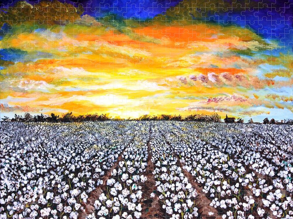 Sunset Jigsaw Puzzle featuring the painting Mississippi Delta Cotton Field Sunset by Karl Wagner