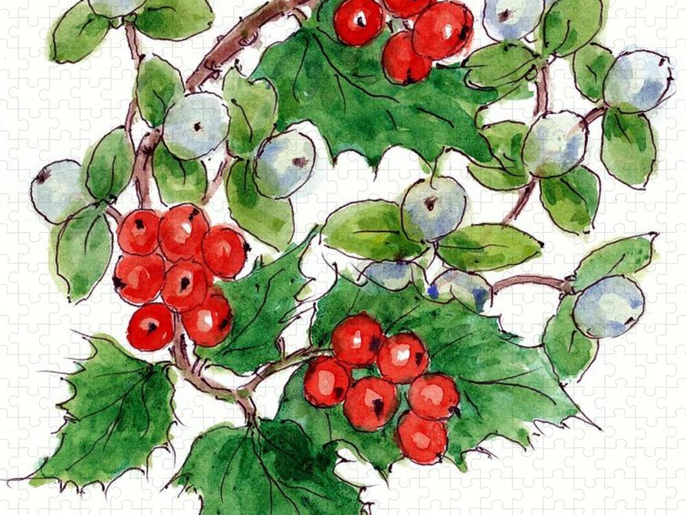 Berries Jigsaw Puzzle featuring the painting Mistletoe and Holly Wreath by Nell Hill