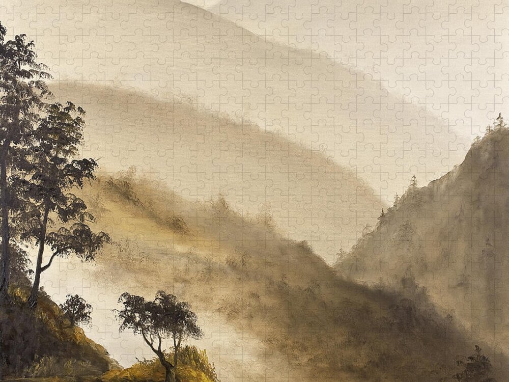 Landscape Jigsaw Puzzle featuring the painting Misty Hills by Darice Machel McGuire