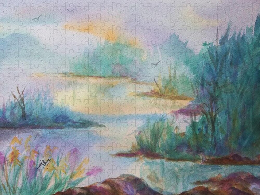 Misty Morn Jigsaw Puzzle featuring the painting Misty Morn On A Mountain Lake by Ellen Levinson