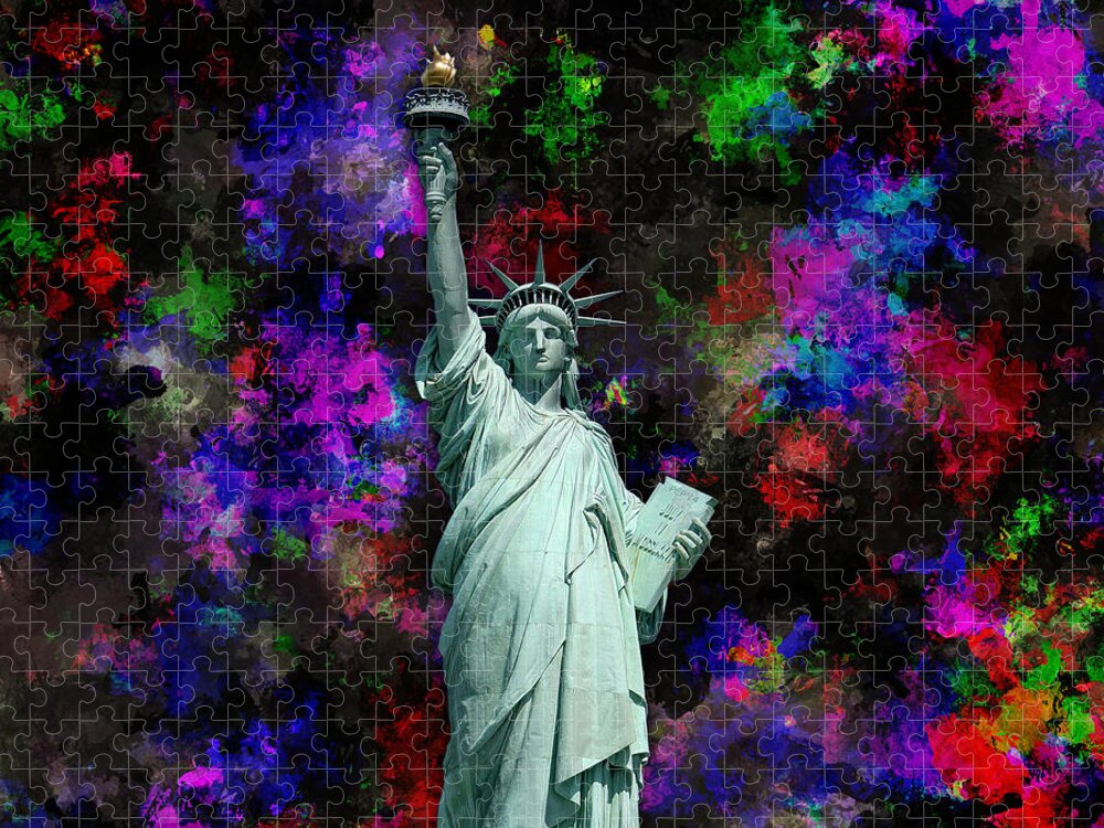 Mixed Media Jigsaw Puzzle featuring the digital art Mixed Media Statue of Liberty by Phil Perkins