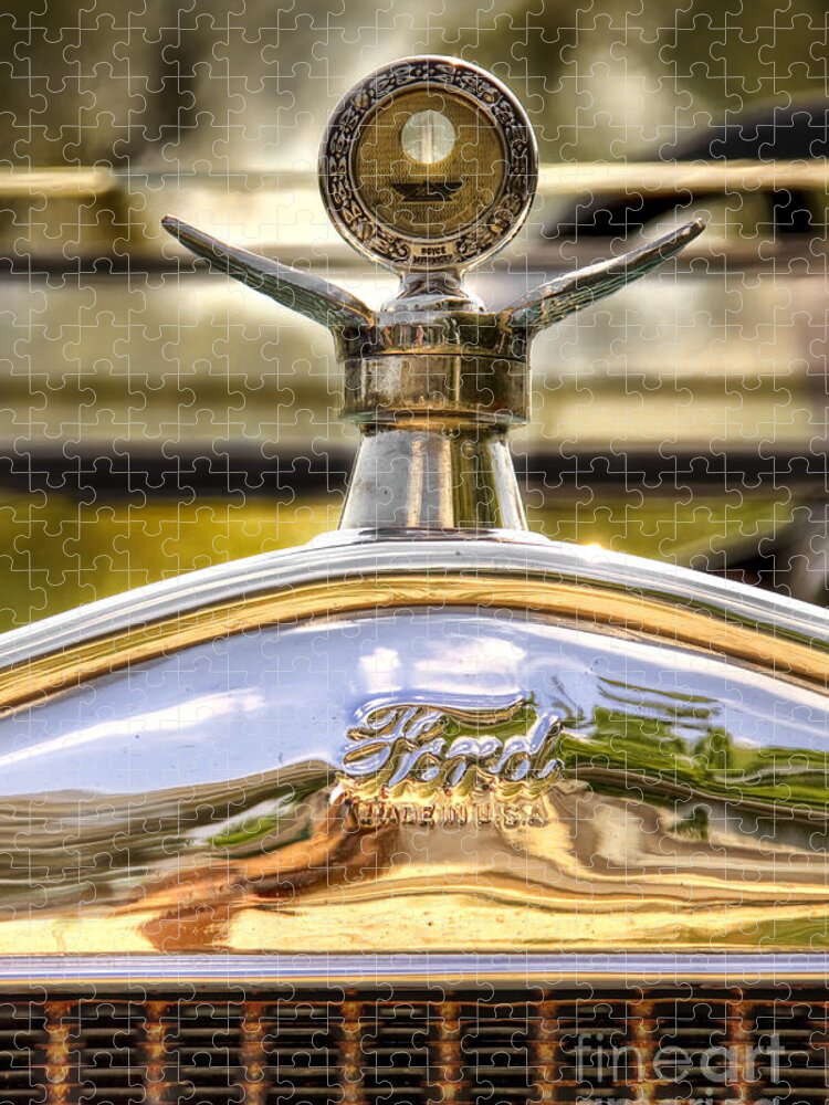 Ford; Car; Detail; Ornament; Hood; Chrome; Auto; Automobile; Transportation; Decor; Rust; Reflection; Close Up; Model T; 1920s; Vintage; Shiny; Glare; Antique; Turn Of The Century; Early 1900s; 20s; Vehicle Jigsaw Puzzle featuring the photograph Model T by Margie Hurwich