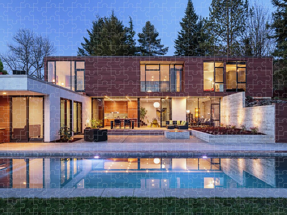 Swimming Pool Jigsaw Puzzle featuring the photograph Modern Home Exterior Taken At Twilight by David Papazian