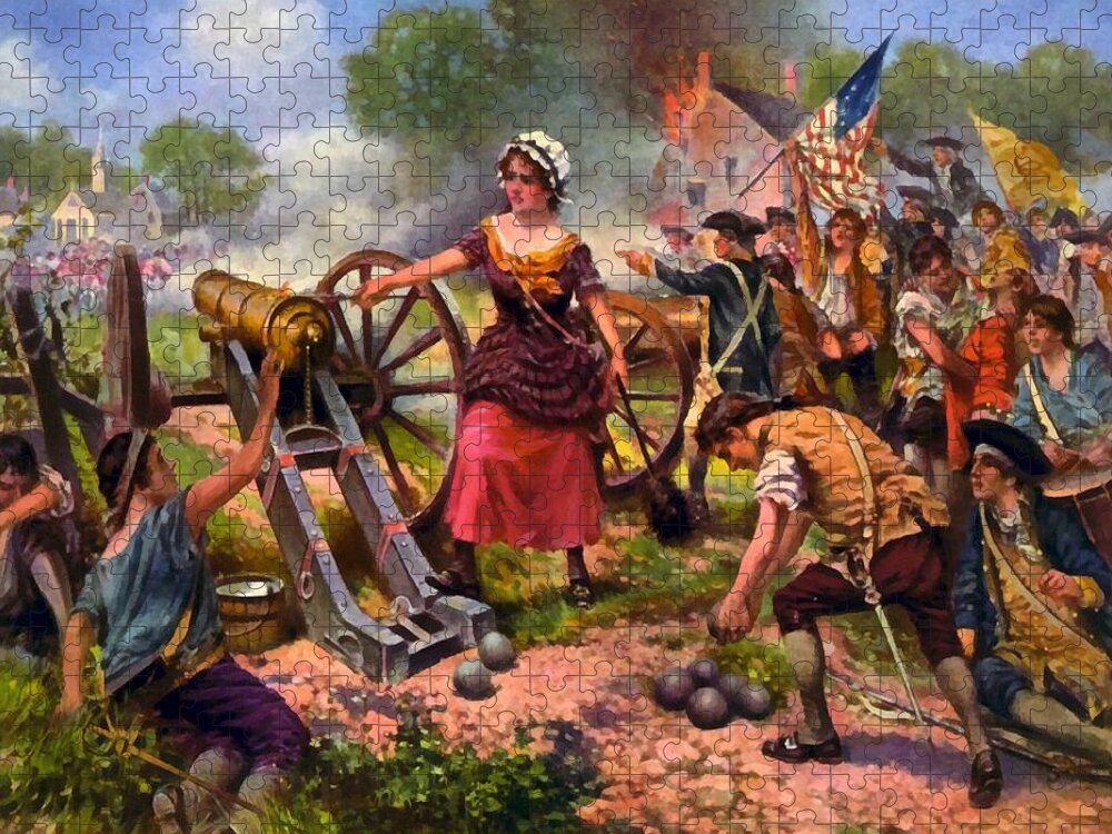 Molly Pitcher Firing Cannon At Battle Of Monmouth Jigsaw Puzzle featuring the digital art Molly Pitcher Firing Cannon at Battle of Monmouth by Percy Moran