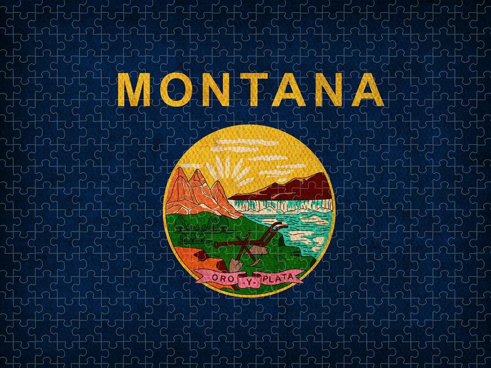Montana Jigsaw Puzzle featuring the mixed media Montana State Flag Art on Worn Canvas by Design Turnpike