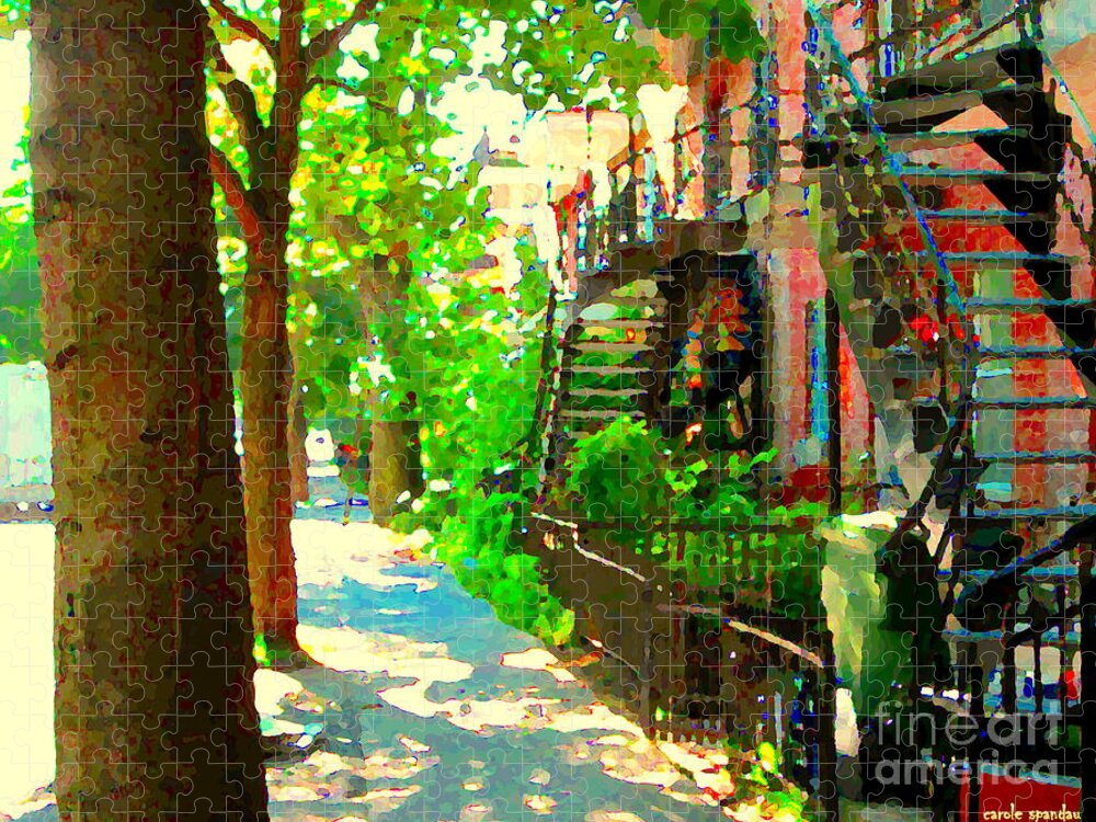 Montreal Jigsaw Puzzle featuring the painting Montreal Art Colorful Winding Staircase Scenes Tree Lined Streets Of Verdun Art By Carole Spandau by Carole Spandau