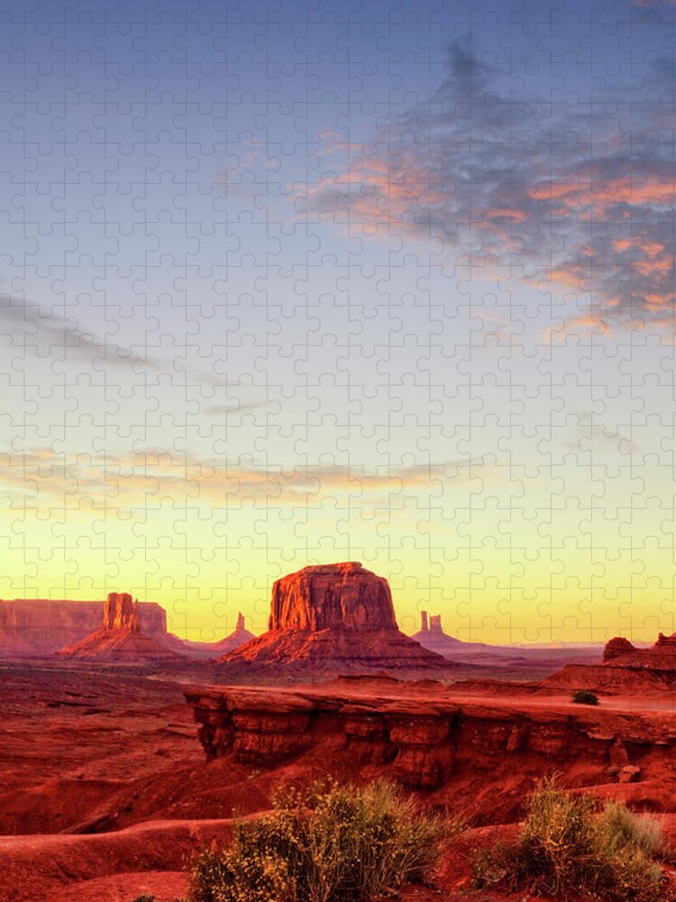 Scenics Jigsaw Puzzle featuring the photograph Monument Valley At Sunset by Powerofforever