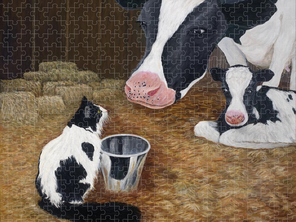 Cat Art Jigsaw Puzzle featuring the painting Mooeow by Karen Zuk Rosenblatt