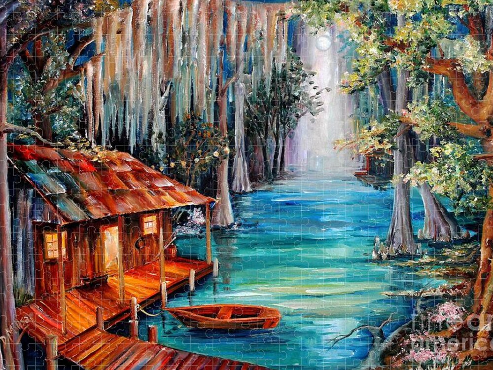 Bayou Jigsaw Puzzle featuring the painting Moon on the Bayou by Diane Millsap