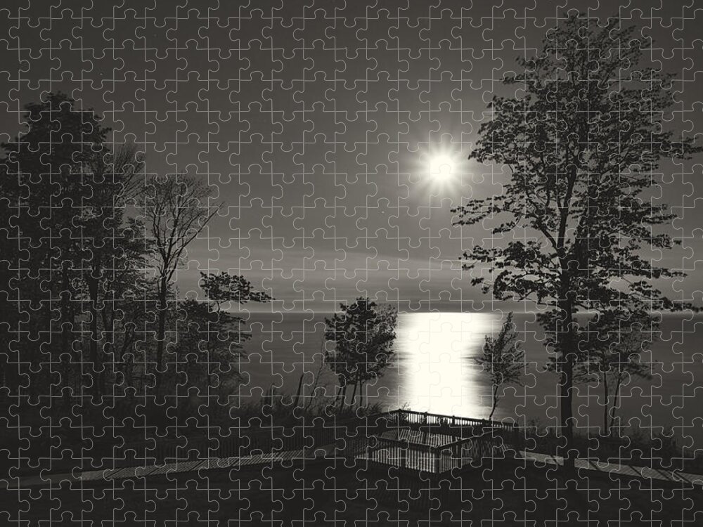 Lake Michigan Jigsaw Puzzle featuring the photograph Moon over Lake Michigan in Black and White by Mary Lee Dereske