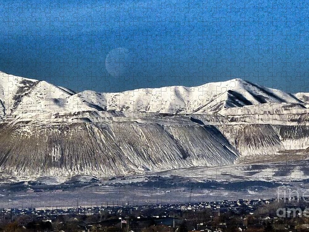 Moon Over Snow Covered Utah Mountains Jigsaw Puzzle featuring the photograph Moon Over The Snow Covered Mountains by Susan Garren