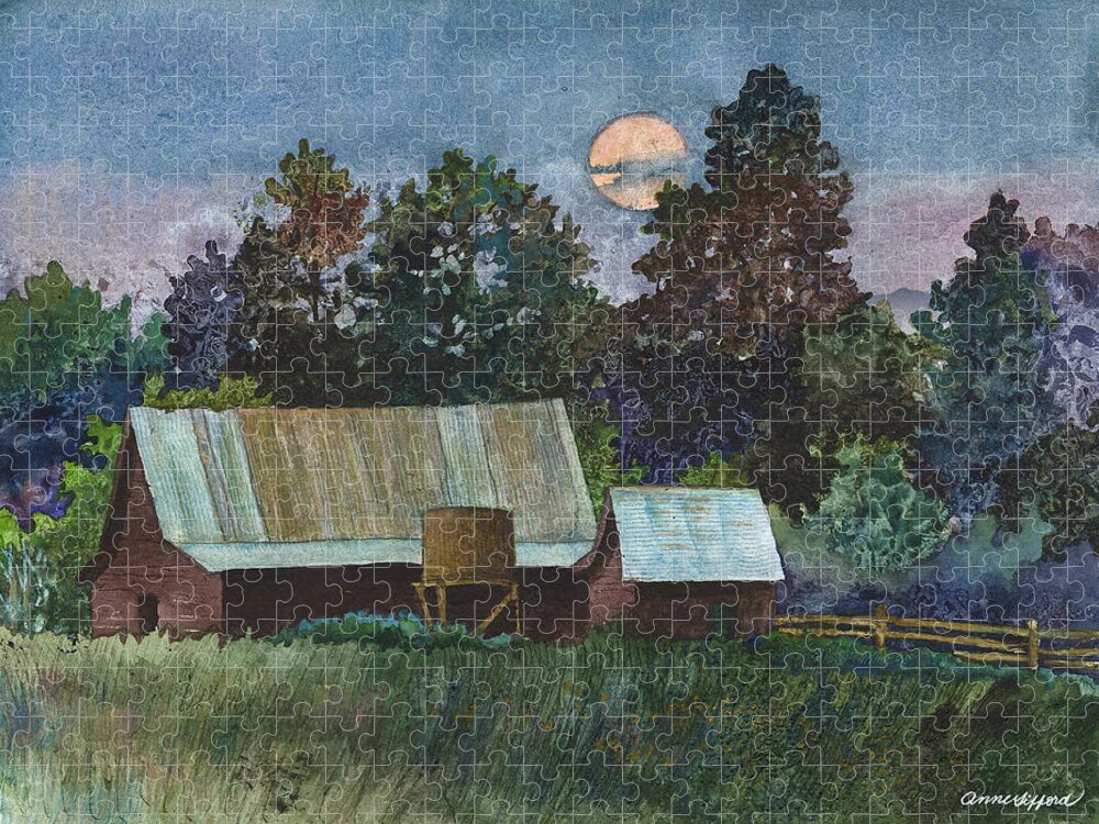 Moonlight Painting Jigsaw Puzzle featuring the painting Moonlight over Caribou by Anne Gifford