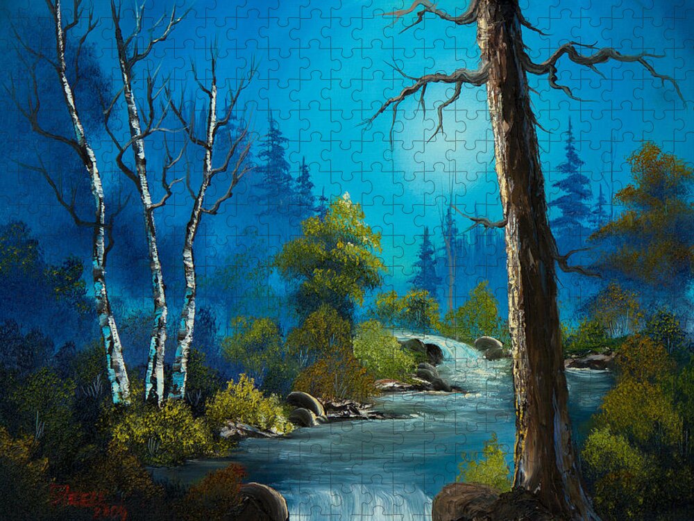 Landscape Jigsaw Puzzle featuring the painting Moonlight Stream by Chris Steele