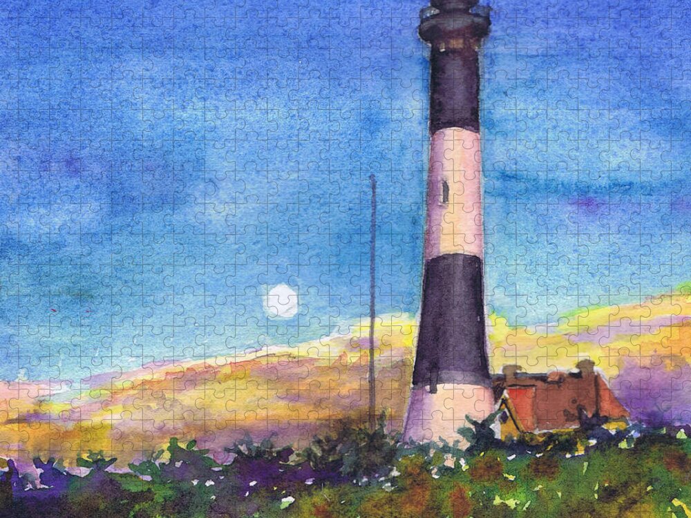 Moon Jigsaw Puzzle featuring the painting Moonrise Fire Island Lighthouse by Susan Herbst